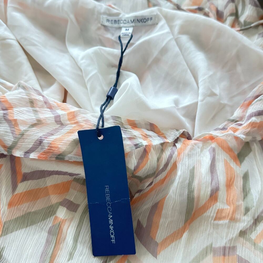 New REBECCA MINKOFF Emilia Multi Color Geo Print Chiffon Shift Dress Ruffle Sz M - Picture 10 of 13